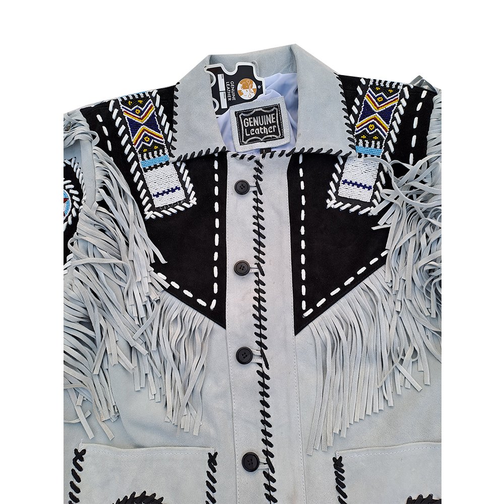 Black White Pakistani Fringed & Beaded Suede Leather 2024 Stylish American Style Men Jacket