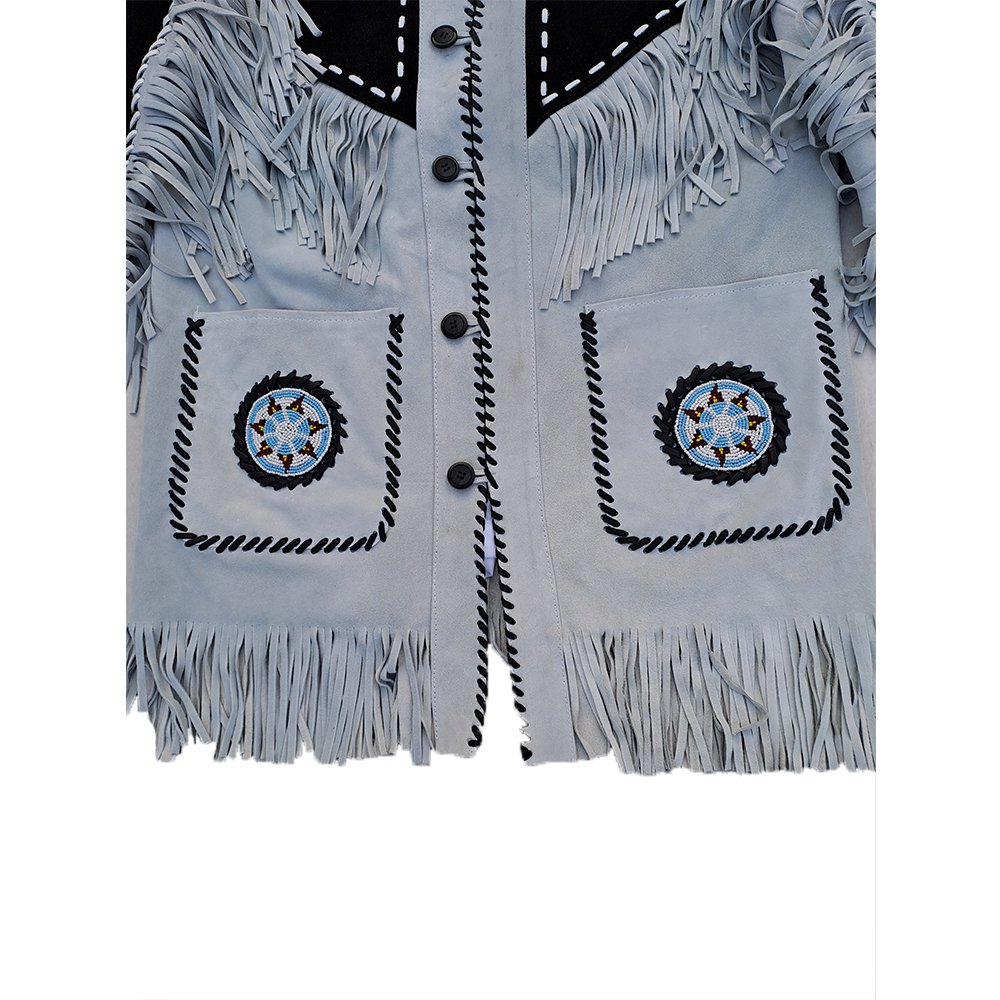 Black White Pakistani Fringed & Beaded Suede Leather 2024 Stylish American Style Men Jacket