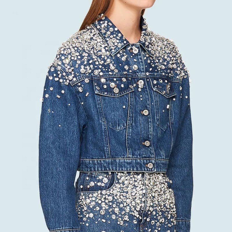 Beaded Crystal Gems Cotton Denim Jean Jacket Chaqueta De Mujer