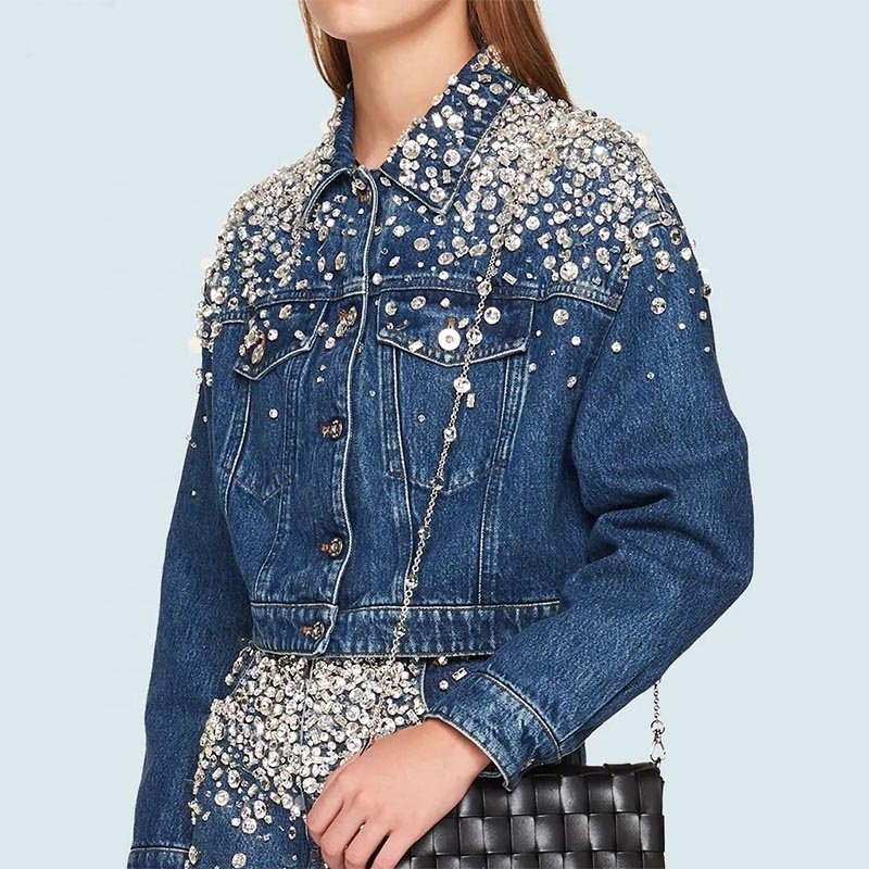 Beaded Crystal Gems Cotton Denim Jean Jacket Chaqueta De Mujer