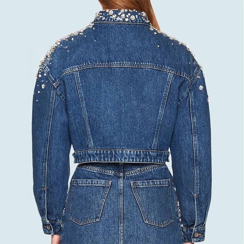Beaded Crystal Gems Cotton Denim Jean Jacket Chaqueta De Mujer
