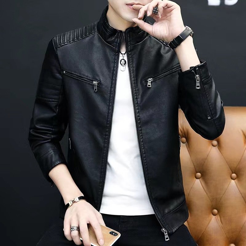 Customized Men'S Jackets With Samples For Spring And Autumn 2024 Stand Up Collar Oversized Youth Pu Leather Jacket For Men