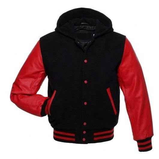 BLACK LETTERMAN HOODIE JACKET WITH RED LEATHER SLEEVES