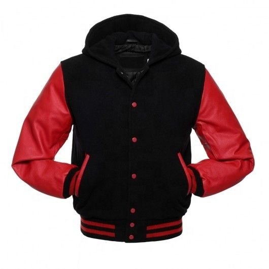 BLACK LETTERMAN HOODIE JACKET WITH RED LEATHER SLEEVES