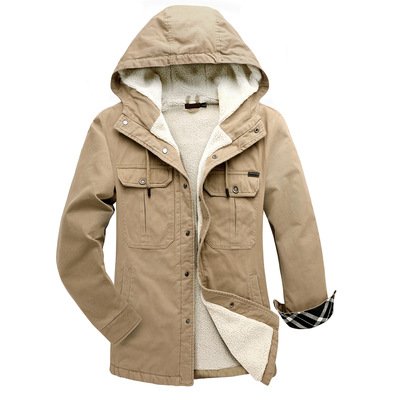 Solid Color Casual Long Sleeve Hooded Lamb Velvet Plus Size Top Outdoor Men's Jacket