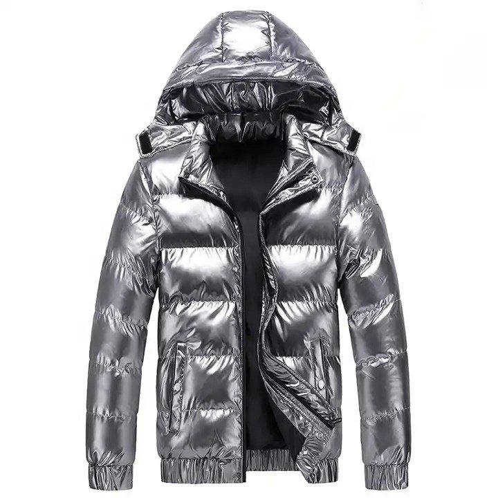 2024 wholesale fashion goose down feather shiny bubble coats hooded men's puffer jacket custom logo bubble jackets for men's