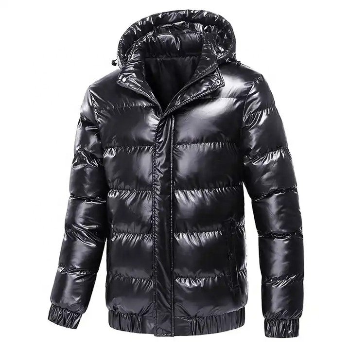 2024 wholesale fashion goose down feather shiny bubble coats hooded men's puffer jacket custom logo bubble jackets for men's