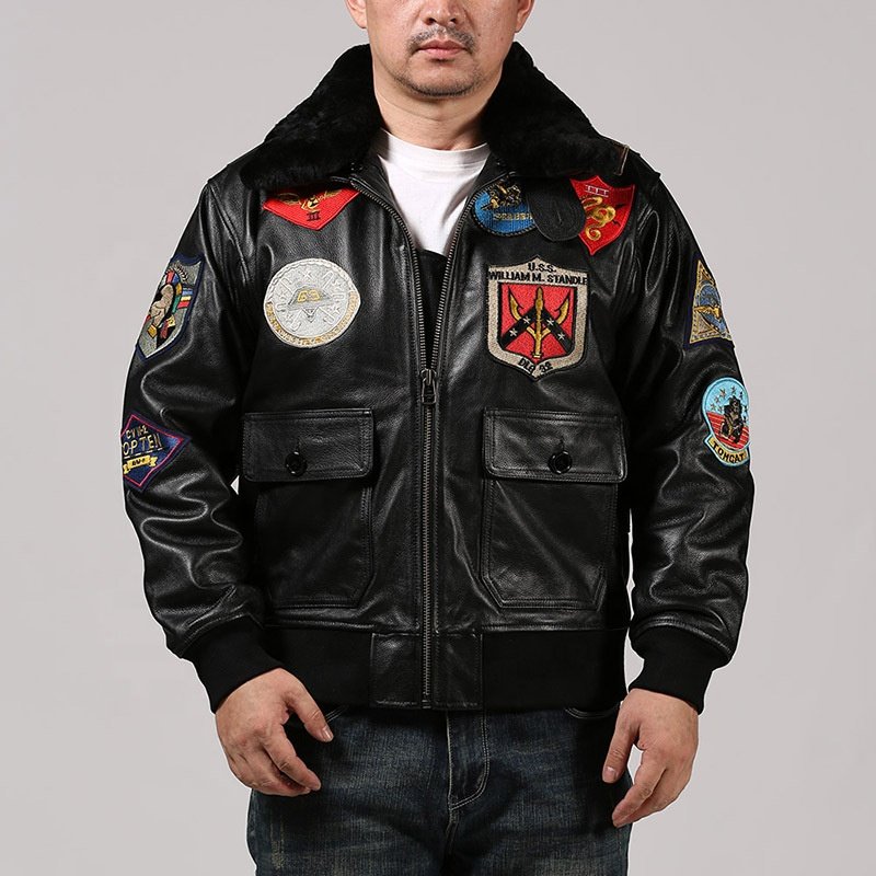 custom made winter heavy top gun maverick jacket detachable lamb fur collar bomber men's genuine leather Motorcycle jacket