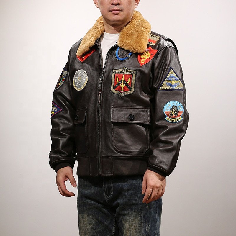 custom made winter heavy top gun maverick jacket detachable lamb fur collar bomber men's genuine leather Motorcycle jacket
