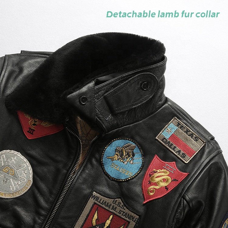 custom made winter heavy top gun maverick jacket detachable lamb fur collar bomber men's genuine leather Motorcycle jacket