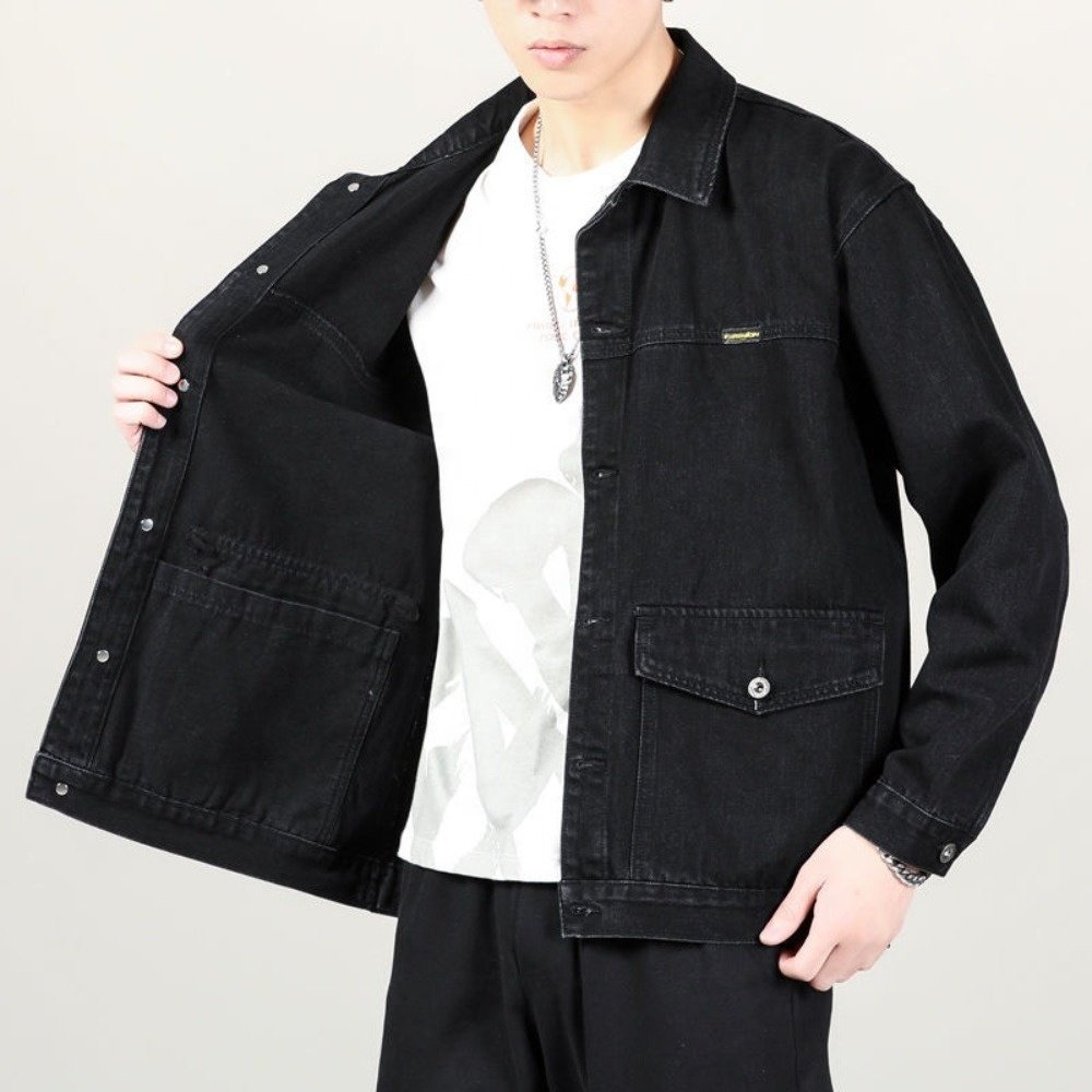 Fall High-End Denim Jacket Men'S Baggy Multi-Pocket Trend Matching Handsome Top Large Size Lapel Casual Jacket