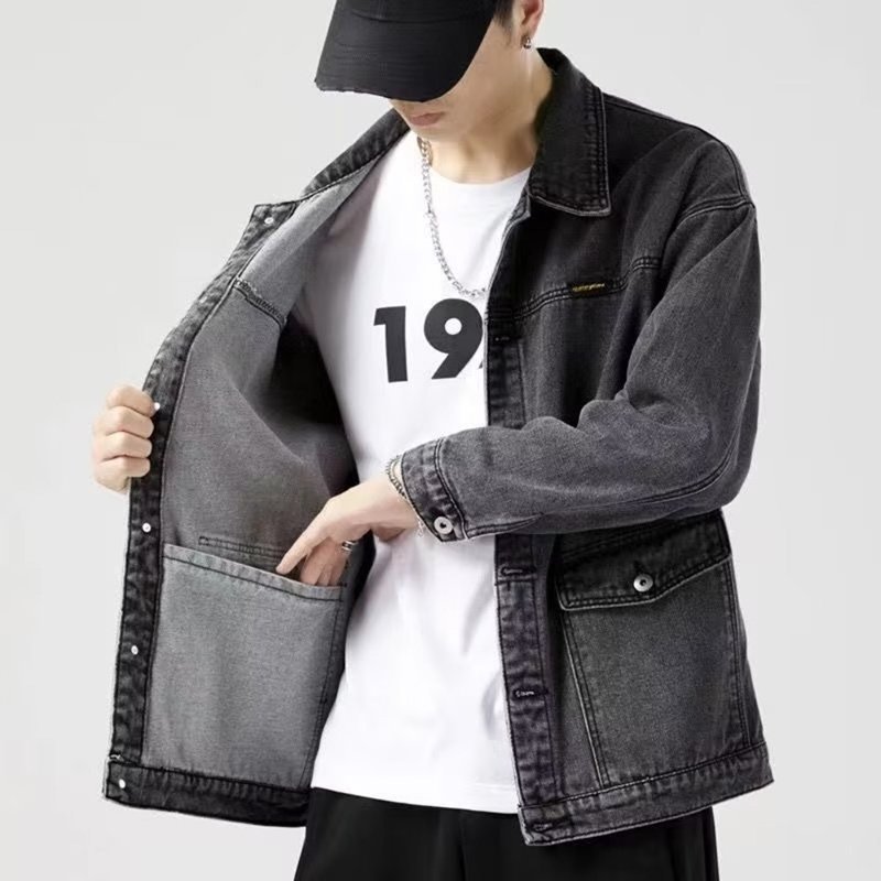Fall High-End Denim Jacket Men'S Baggy Multi-Pocket Trend Matching Handsome Top Large Size Lapel Casual Jacket