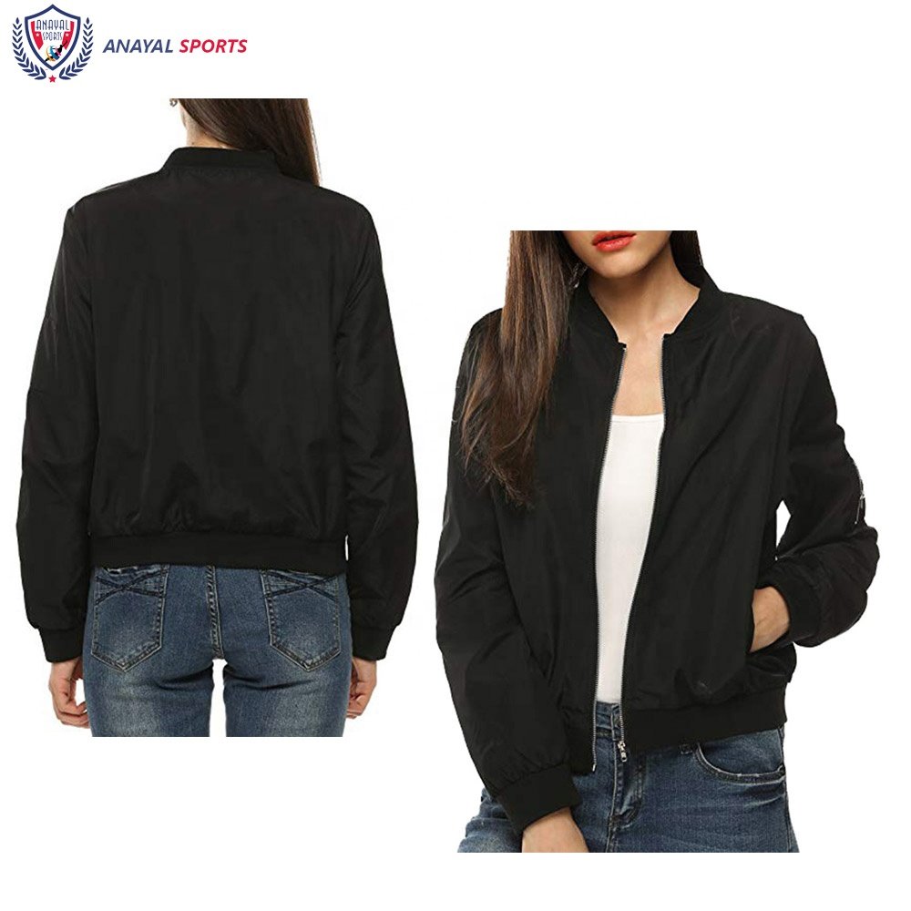 Black Color Women's Jackets Satin Polyester High Quality Best Custom Made Bomber Jackets