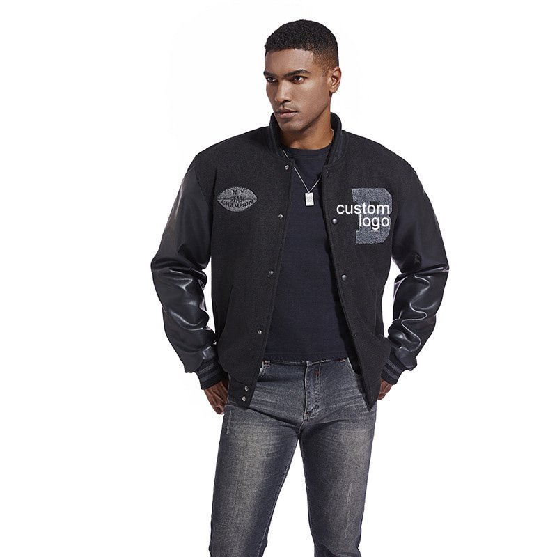 Oem Custom Logo Double Sleeve Black Leather Baseball Plus Size Men Varsity Jacket