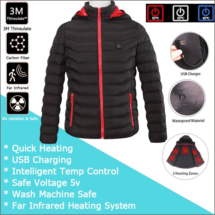 Fast Heat Outdoor USB Lead Leather Hoodie Winter Waterproof Heated Jacket Plus Size and OEM/ODM Service Usb Heated Jacket