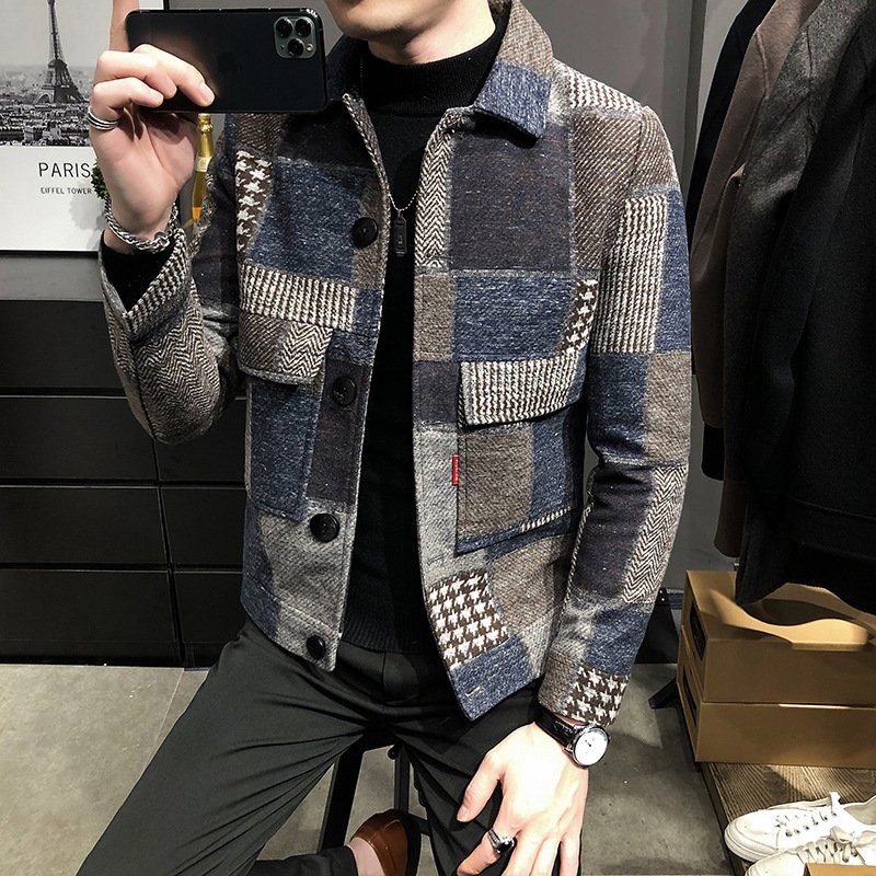Factory Wholesale Autumn And Winter New Plaid Woolen Jacket Korean Fashion Slim Casual Men'S Jacket