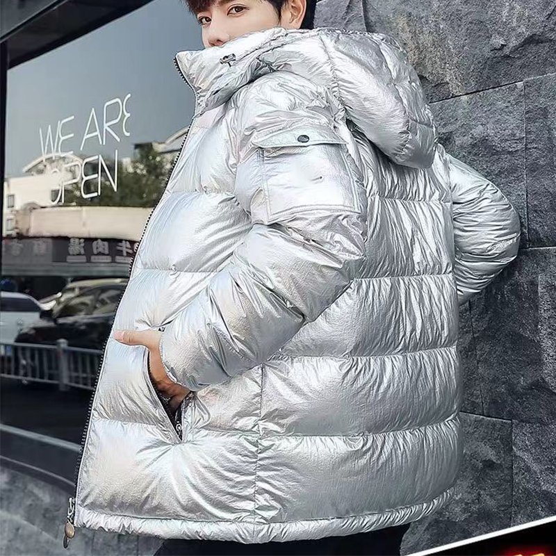 Ready Stock Down Coat Men's Bright Face Trend Hooded Short Thick Winter Bomber Shiny Puffer Men's Jacket