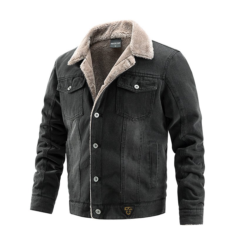 Customized winter denim jacket, casual with velvet buttons, men's hooded full sleeved pocket cardigan, men's jacket
