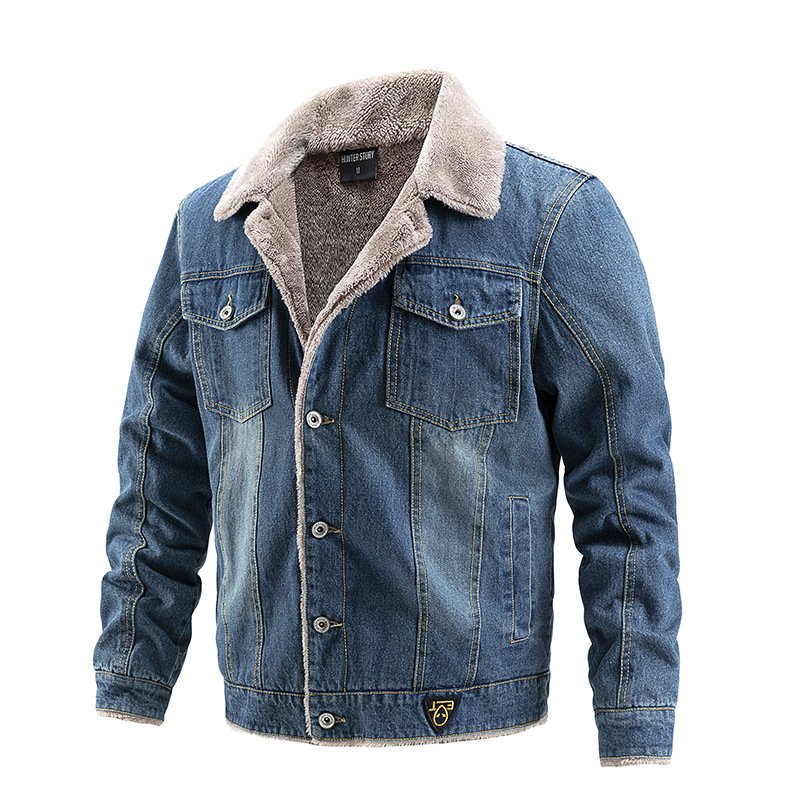 Customized winter denim jacket, casual with velvet buttons, men's hooded full sleeved pocket cardigan, men's jacket