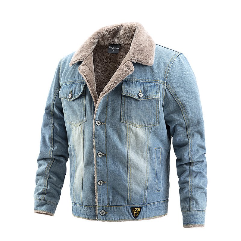 Customized winter denim jacket, casual with velvet buttons, men's hooded full sleeved pocket cardigan, men's jacket