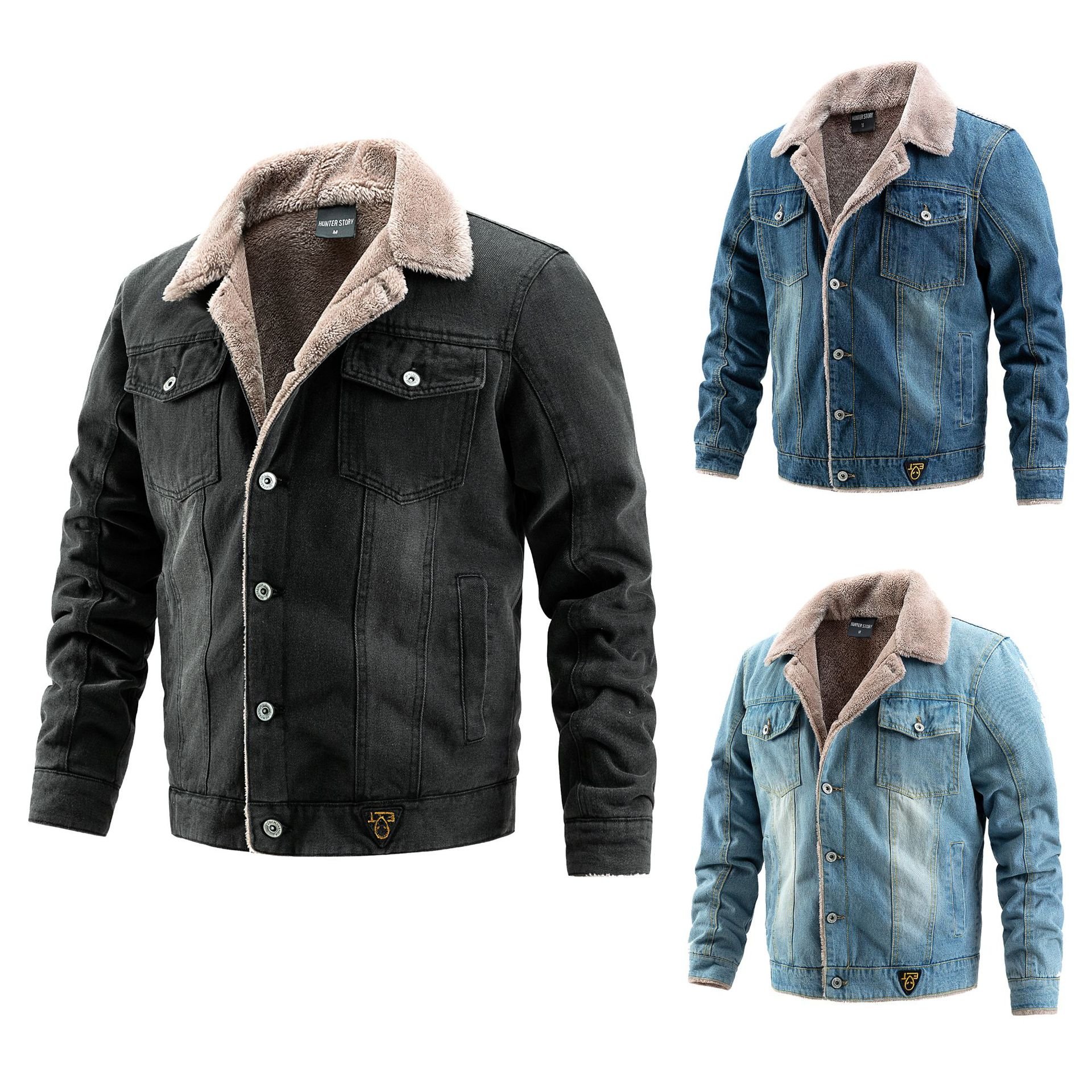 Customized winter denim jacket, casual with velvet buttons, men's hooded full sleeved pocket cardigan, men's jacket