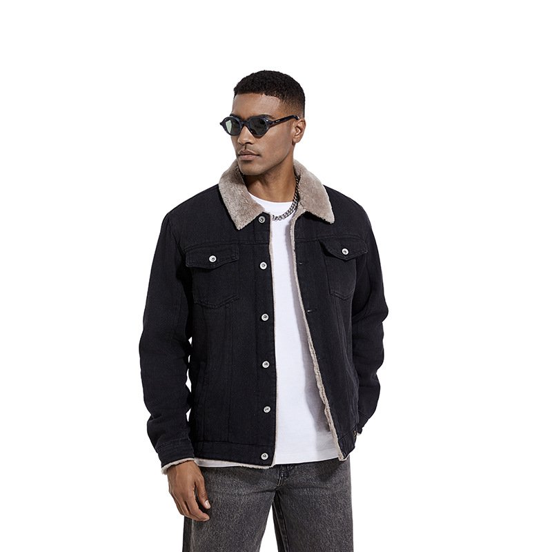 Customized winter denim jacket, casual with velvet buttons, men's hooded full sleeved pocket cardigan, men's jacket