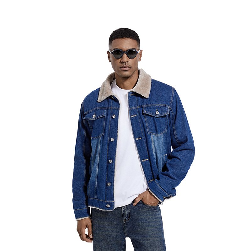Customized winter denim jacket, casual with velvet buttons, men's hooded full sleeved pocket cardigan, men's jacket