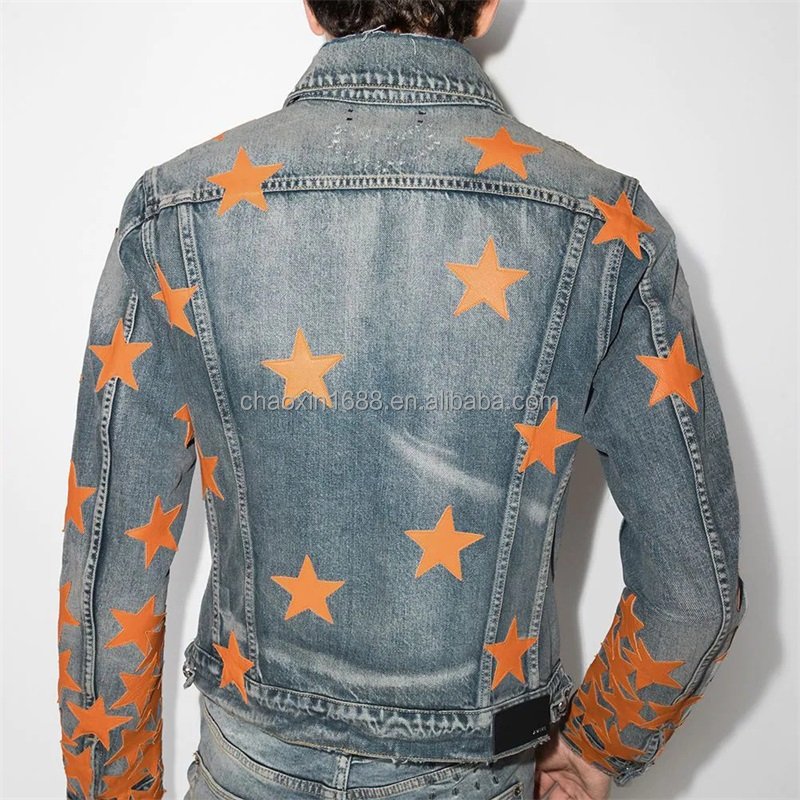 OEM custom turtleneck new style high quality blue long sleeve embroidered denim jacket for men
