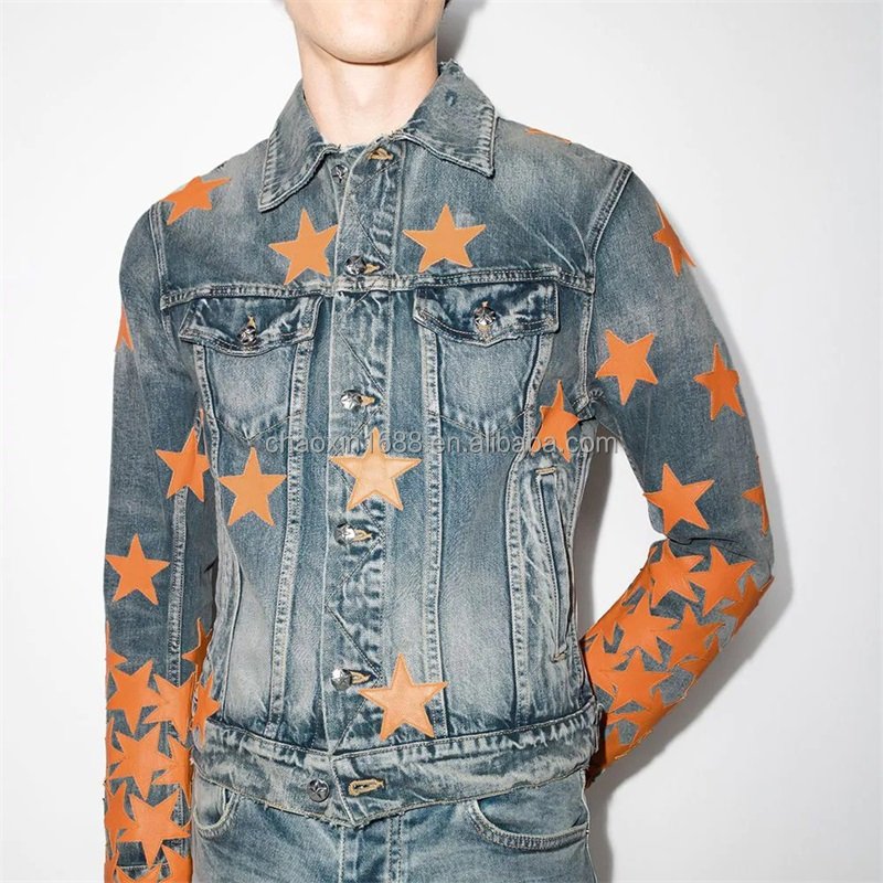 OEM custom turtleneck new style high quality blue long sleeve embroidered denim jacket for men