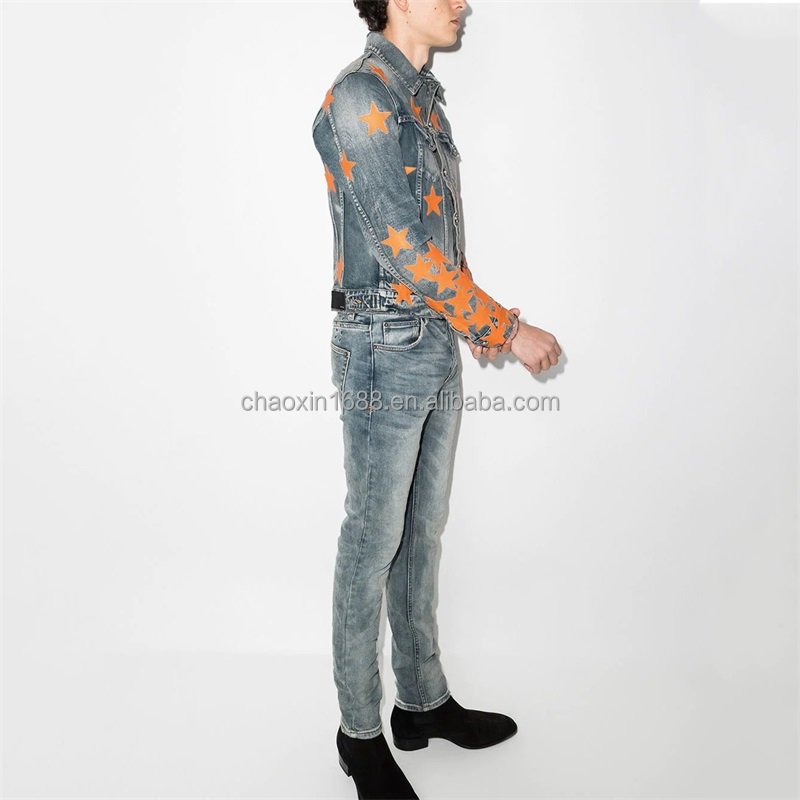 OEM custom turtleneck new style high quality blue long sleeve embroidered denim jacket for men