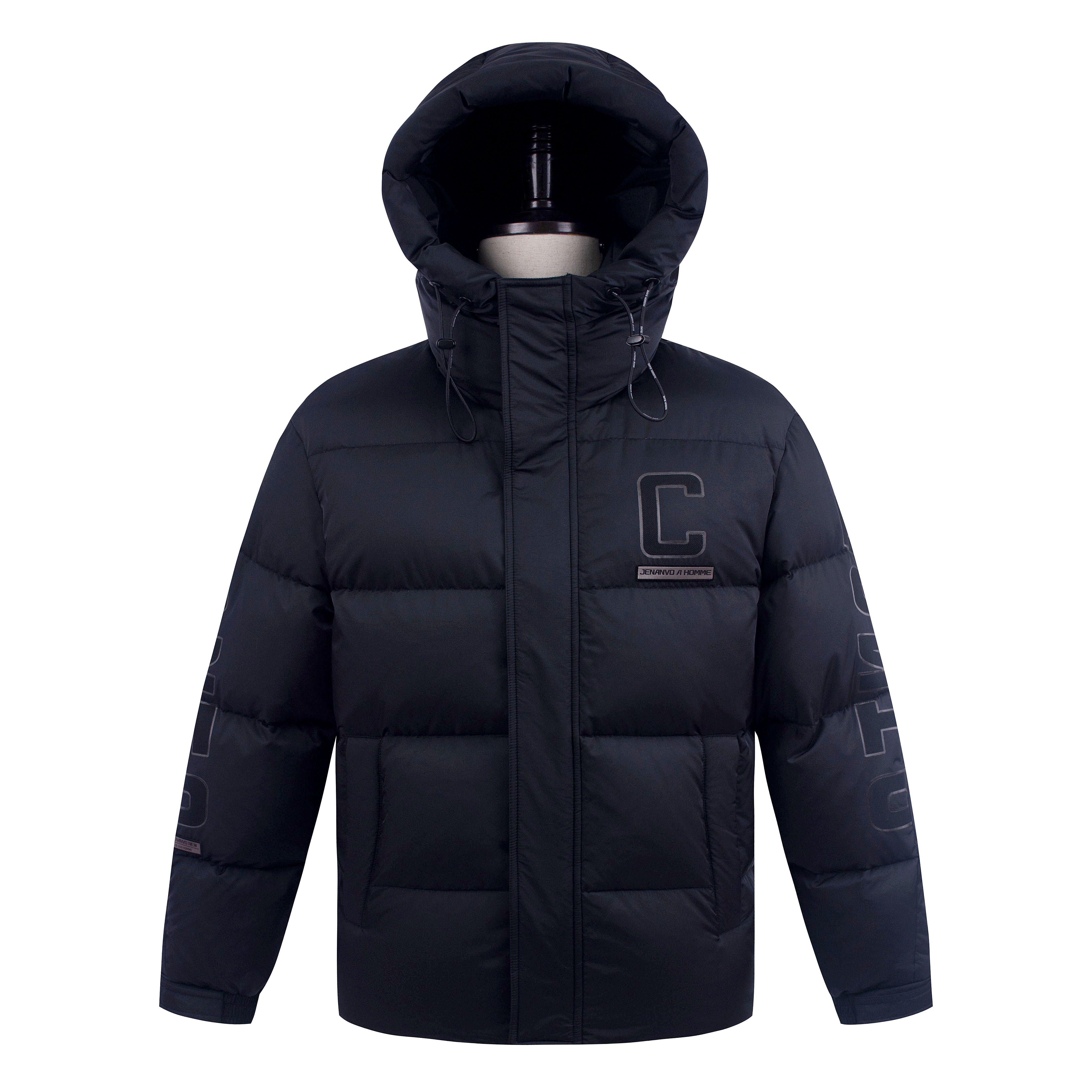 Trendy Men's Winter Puffer Jacket Windproof Stand Collar Hood Solid Colour Custom Zipper Print Canvas Fabric Outdoor Use Logo