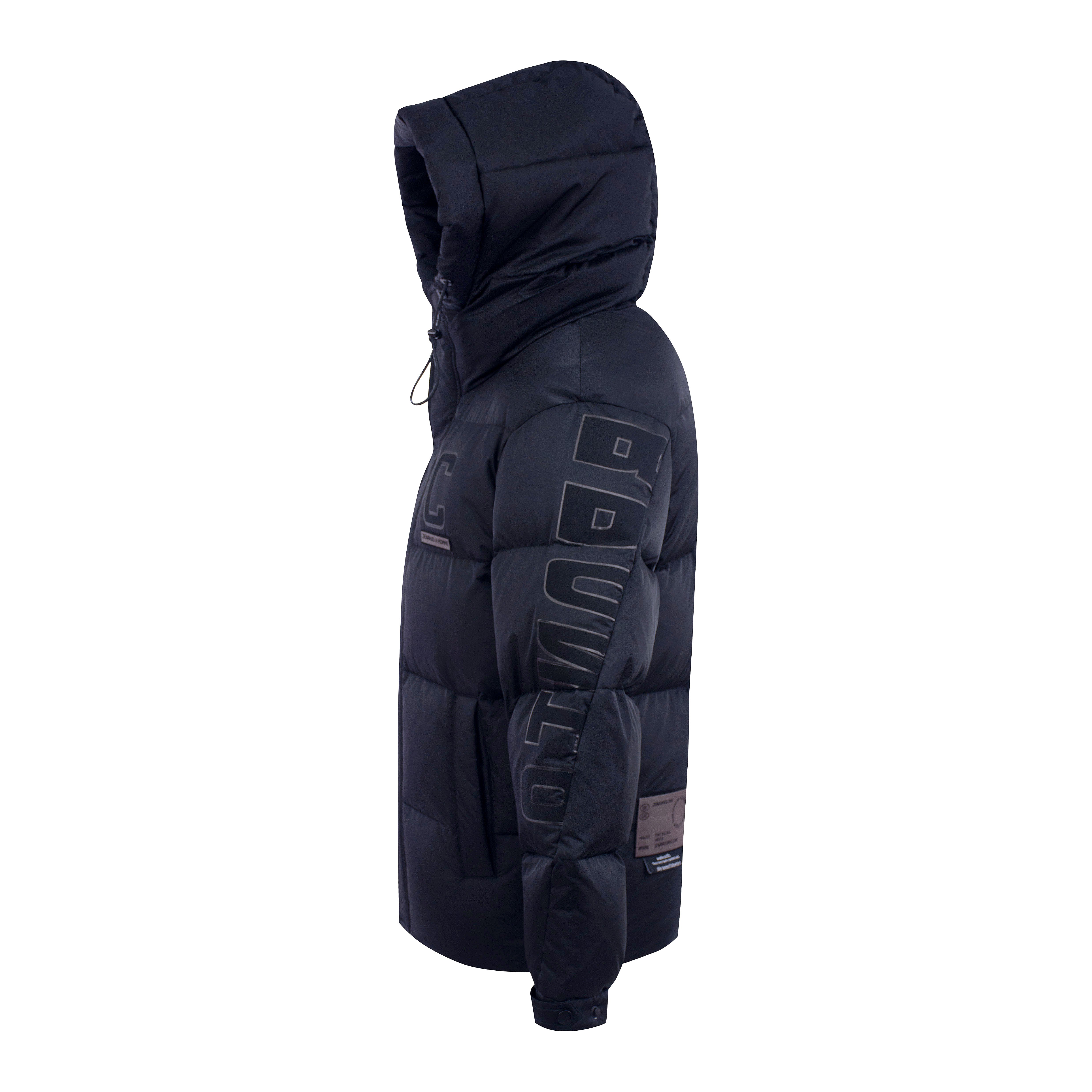 Trendy Men's Winter Puffer Jacket Windproof Stand Collar Hood Solid Colour Custom Zipper Print Canvas Fabric Outdoor Use Logo