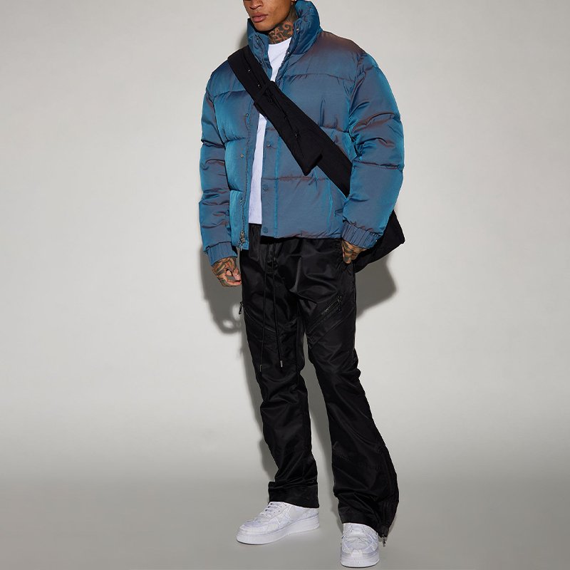 Wholesale Embroidery Logo Padded Jackets Shiny Fabric Zipper Fly Goose Down Puffer Jackets For Men