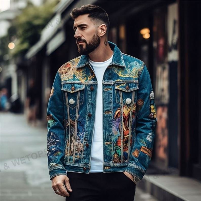 Custom Apparel Plus Size Digital Print Jeans Jacket 100%Cotton Long Sleeve Men's Clothing Custom Denim Jacket
