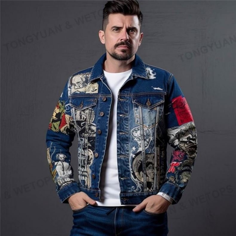 Custom Apparel Plus Size Digital Print Jeans Jacket 100%Cotton Long Sleeve Men's Clothing Custom Denim Jacket