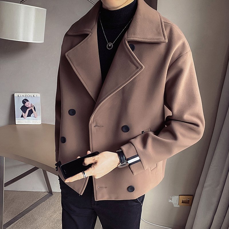 Trendy Brand Autumn Winter New Men's Cropped Jacket Korean Style Casual Fashion Woolen Overcoat Warm Net Red Version For Men