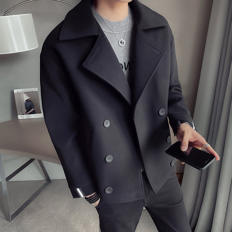 Trendy Brand Autumn Winter New Men's Cropped Jacket Korean Style Casual Fashion Woolen Overcoat Warm Net Red Version For Men