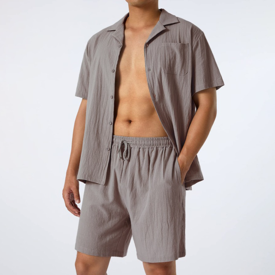 Wholesale men's high-quality 100% cotton summer solid color simple casual shirt men's short sleeved shorts set