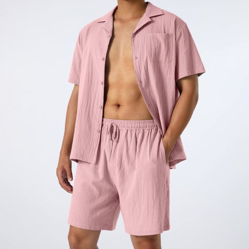Wholesale men's high-quality 100% cotton summer solid color simple casual shirt men's short sleeved shorts set