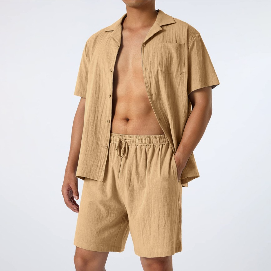 Wholesale men's high-quality 100% cotton summer solid color simple casual shirt men's short sleeved shorts set