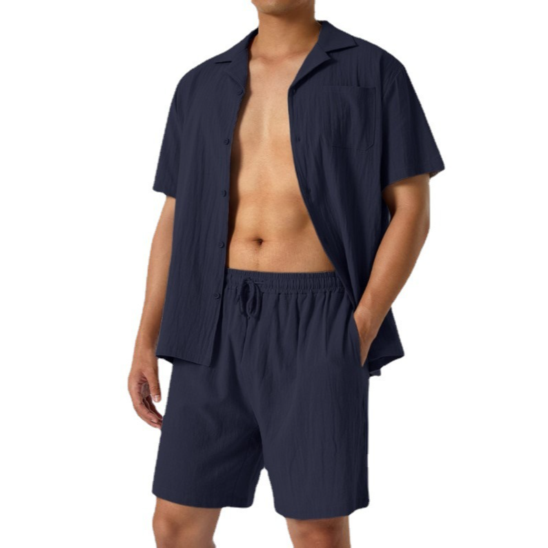Wholesale men's high-quality 100% cotton summer solid color simple casual shirt men's short sleeved shorts set