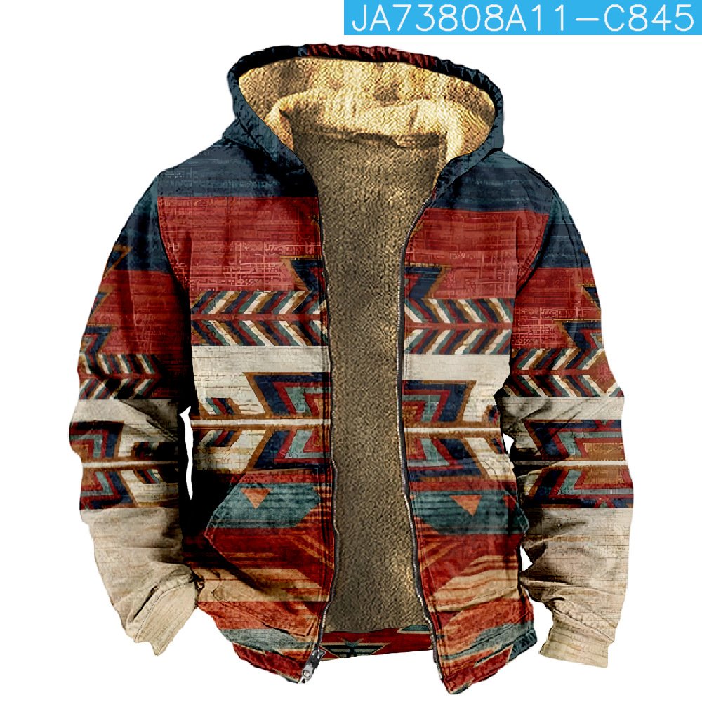 2024 Autumn Winter Plush Thickened Men's Long Sleeve Cotton Cool Jacket Casual Fashion Sherpa Vintage Navajo Aztec Men's Coat