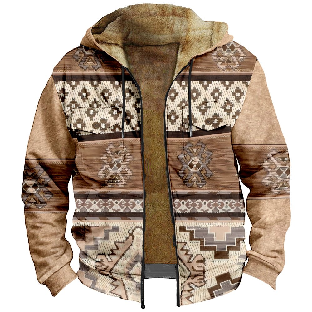 2024 Autumn Winter Plush Thickened Men's Long Sleeve Cotton Cool Jacket Casual Fashion Sherpa Vintage Navajo Aztec Men's Coat