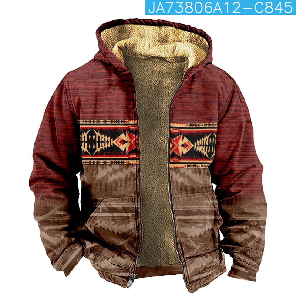 2024 Autumn Winter Plush Thickened Men's Long Sleeve Cotton Cool Jacket Casual Fashion Sherpa Vintage Navajo Aztec Men's Coat