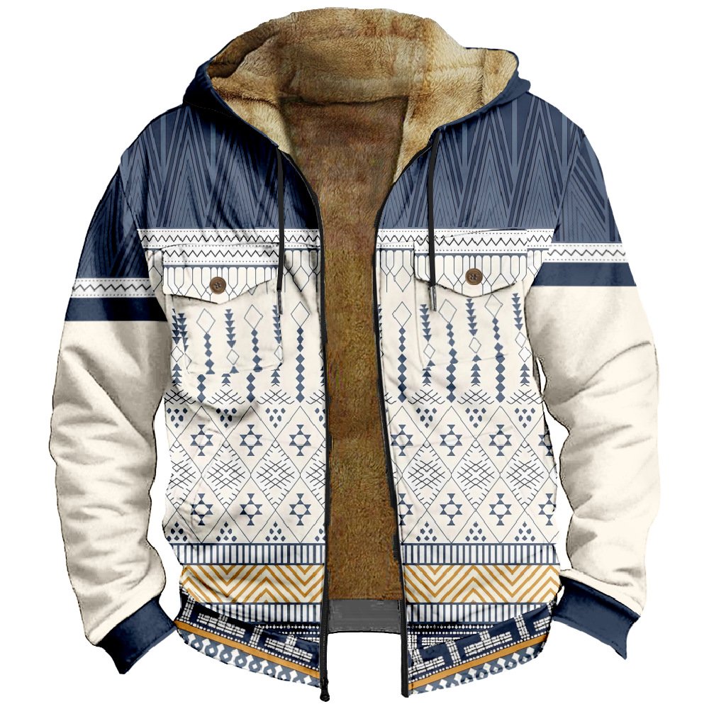 2024 Autumn Winter Plush Thickened Men's Long Sleeve Cotton Cool Jacket Casual Fashion Sherpa Vintage Navajo Aztec Men's Coat