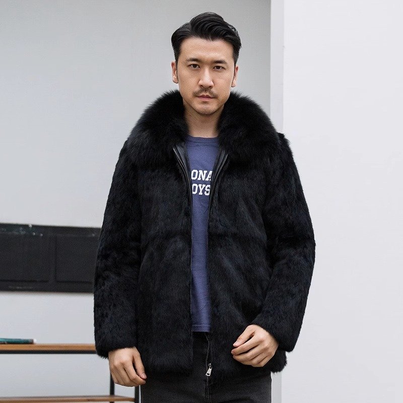 Men Rabbit Short Coat Fox Fur Collar Shearling 2024 Slim Business Jacket Top Brand Long Sleeve Zip Winter Black Outwear 4XL