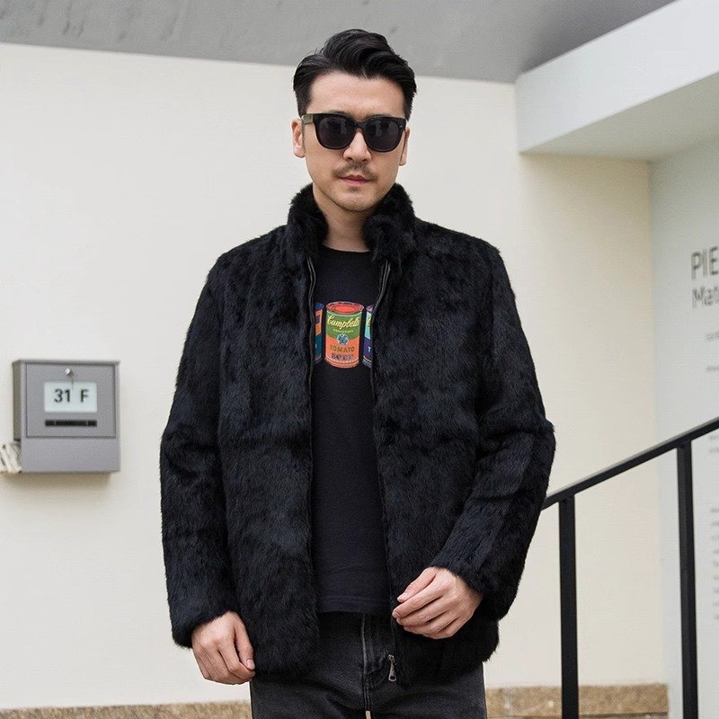 Men Rabbit Short Coat Fox Fur Collar Shearling 2024 Slim Business Jacket Top Brand Long Sleeve Zip Winter Black Outwear 4XL