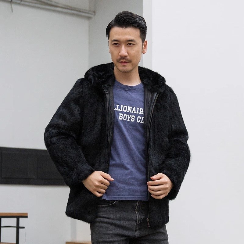 Men Rabbit Short Coat Fox Fur Collar Shearling 2024 Slim Business Jacket Top Brand Long Sleeve Zip Winter Black Outwear 4XL