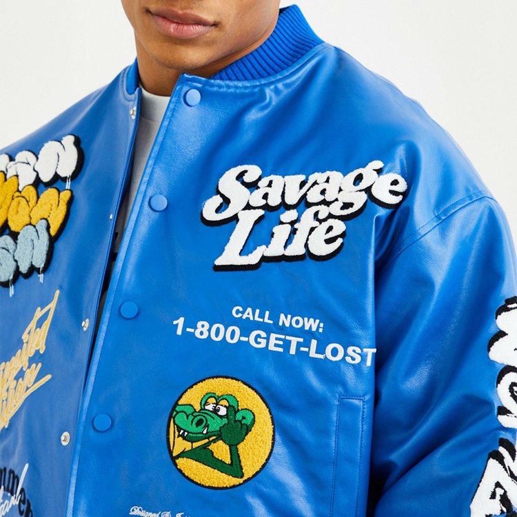 High Quality Men's Blue Customized Screen Print LOGO Embroidery Chenille Graphic Baseball Collar PU Faux Leather Bomber Jackets