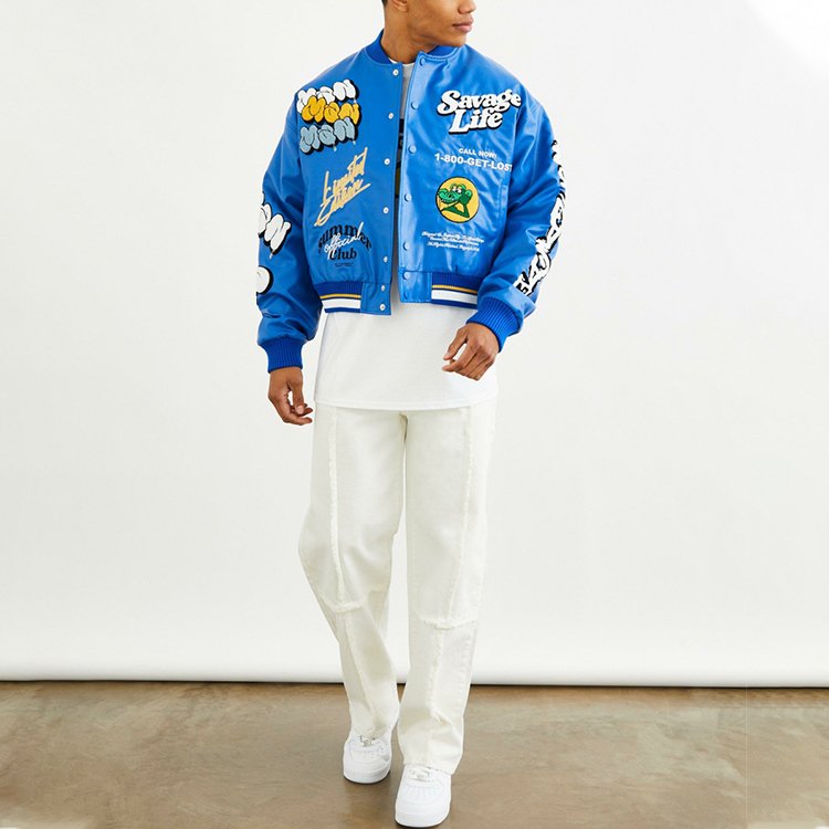 High Quality Men's Blue Customized Screen Print LOGO Embroidery Chenille Graphic Baseball Collar PU Faux Leather Bomber Jackets
